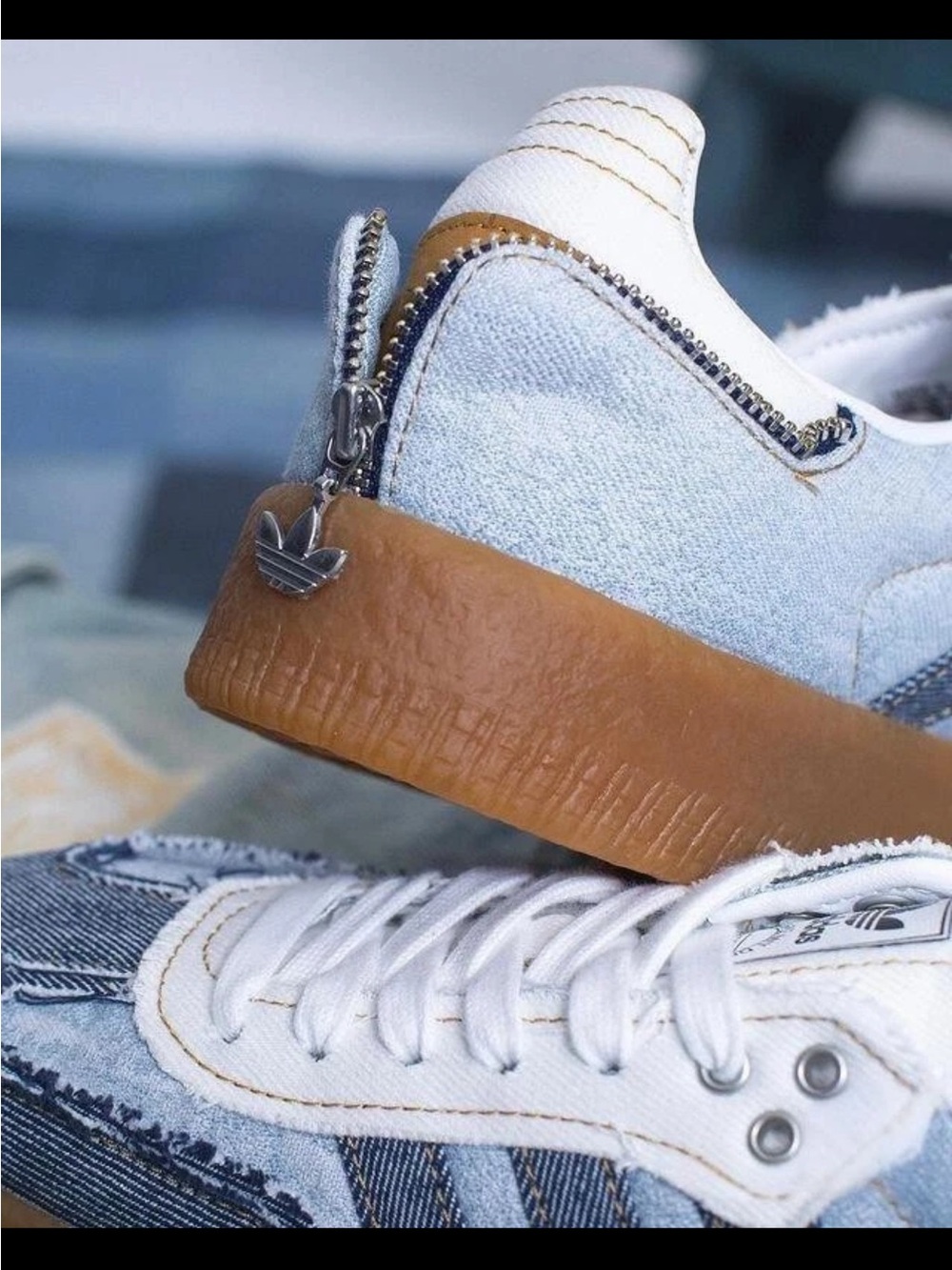 atmos x adidas Women’s Sambae Denim Platform Sneaker - Light Blue & Gum Sz 7.5 - Picture 14 of 16